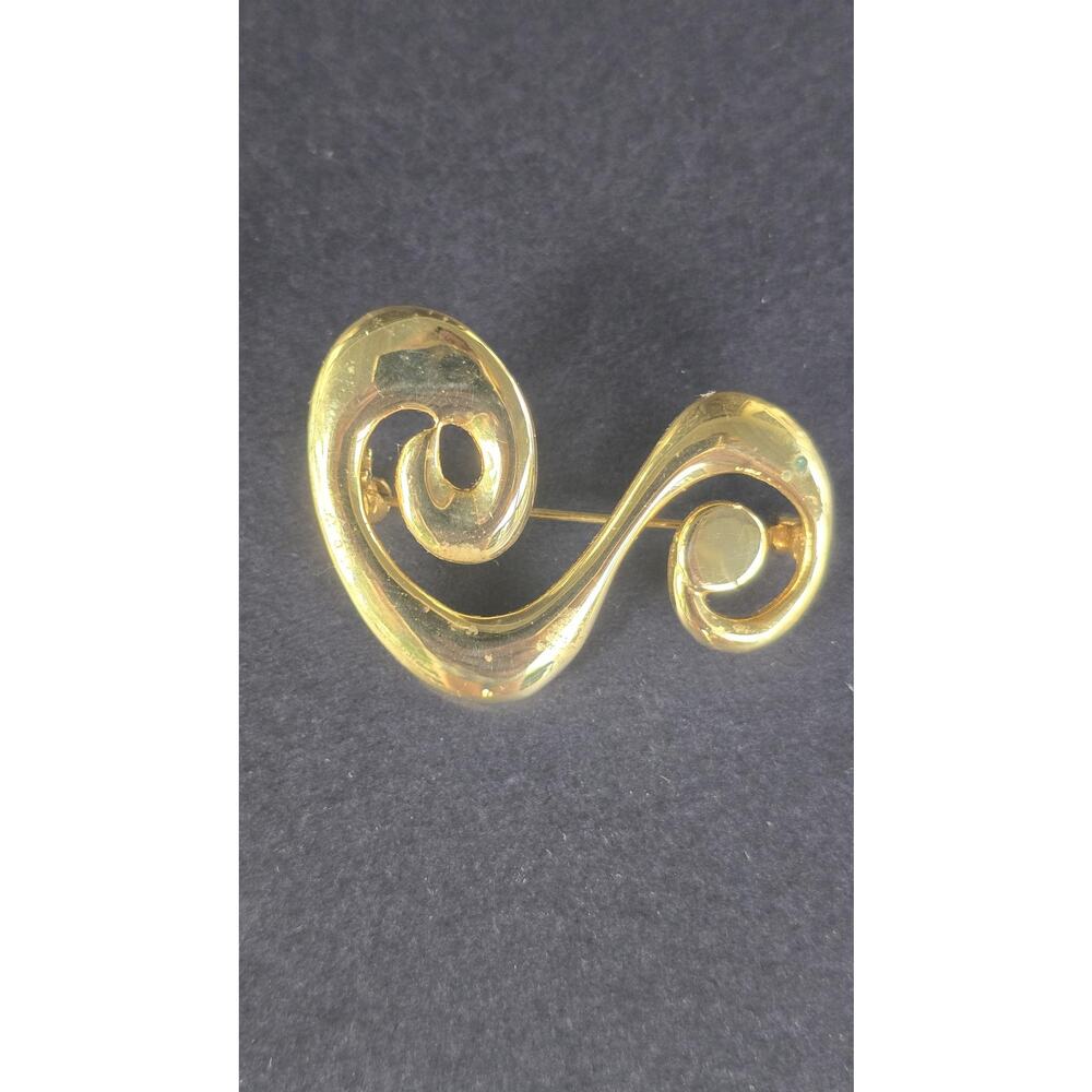Gold Tone Abstract Swirl Brooch Pin Modern Scroll Costume Statement Jewelry - Picture 4 of 6